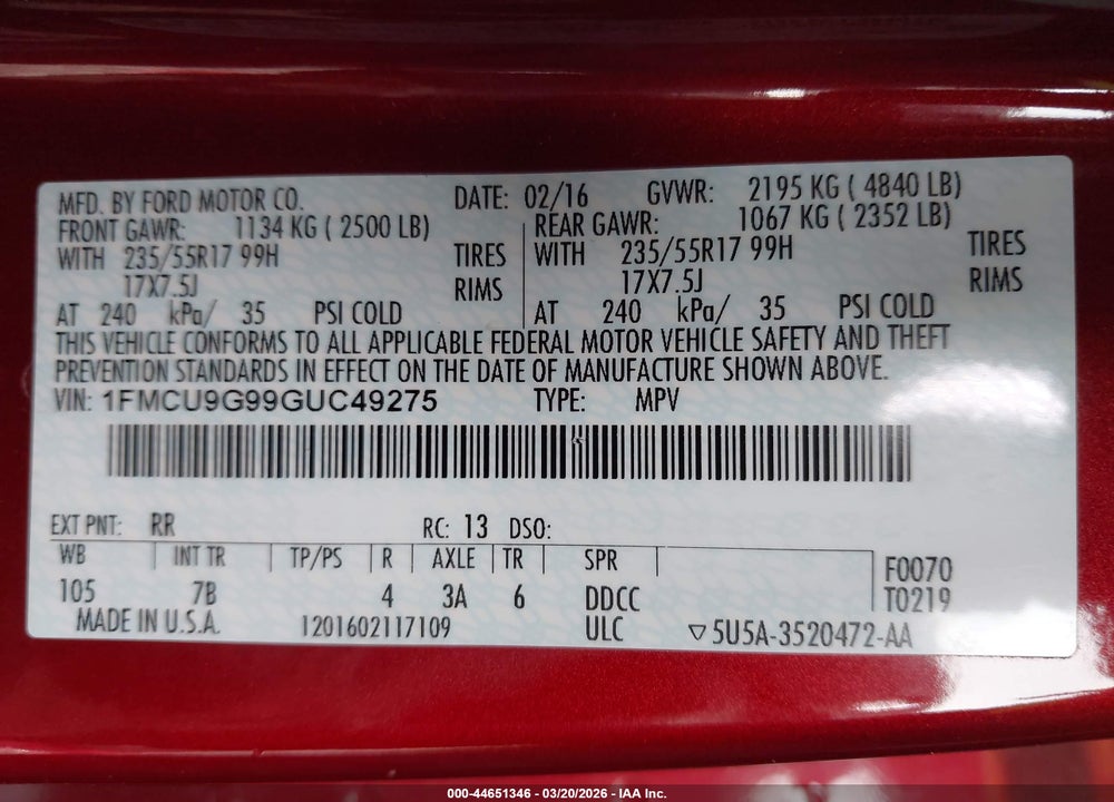 2016 FORD ESCAPE SE VIN: 1FMCU9G99GUC49275