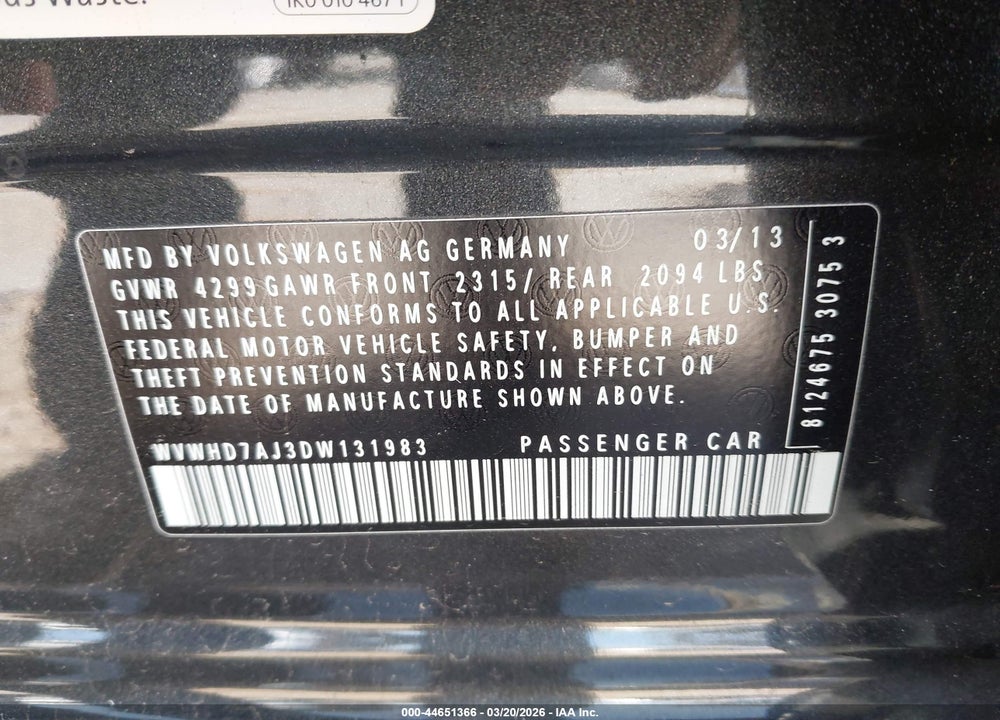 2013 VOLKSWAGEN GTI DRIVERS EDITION VIN: WVWHD7AJ3DW131983