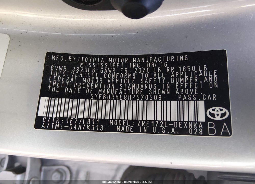 2017 TOYOTA COROLLA LE VIN: 5YFBURHE8HP570508