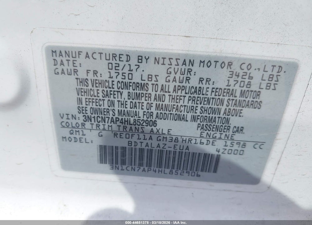 2017 NISSAN VERSA 1.6 S+ VIN: 3N1CN7AP4HL852906