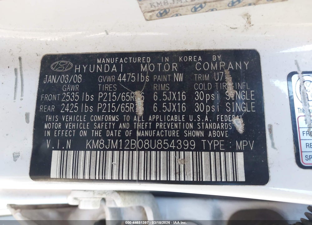 2008 HYUNDAI TUCSON GLS VIN: KM8JM12B08U854399