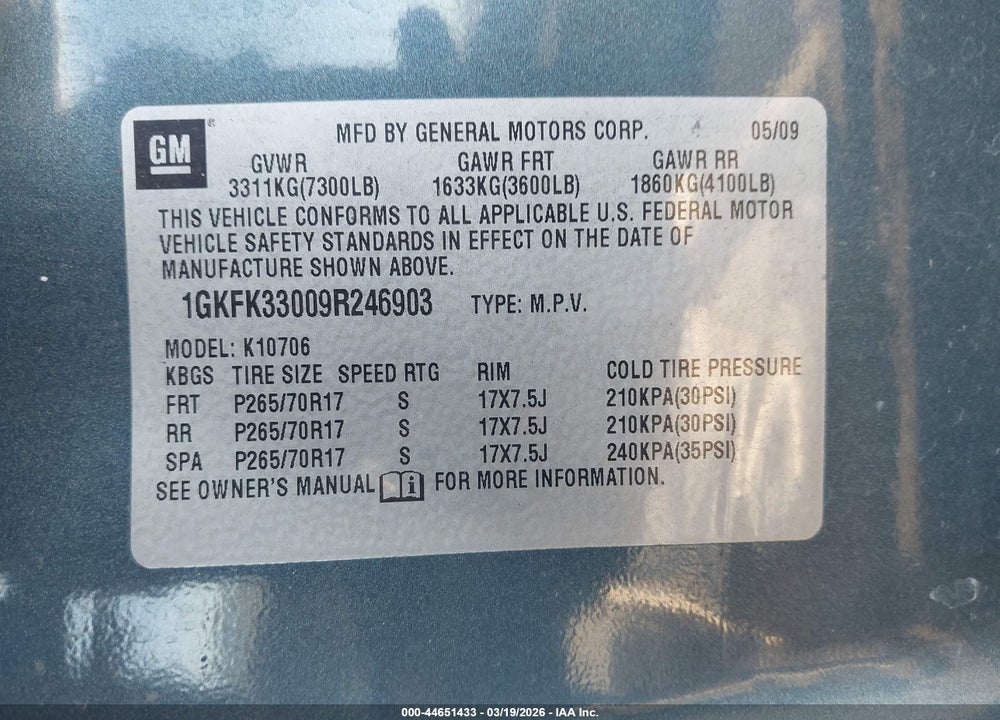 2009 GMC YUKON SLT2 VIN: 1GKFK33009R246903