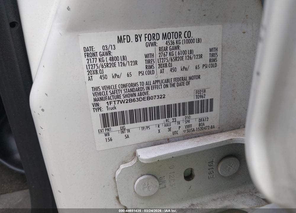 2013 FORD F250 SUPER DUTY VIN: 1FT7W2B63DEB07322