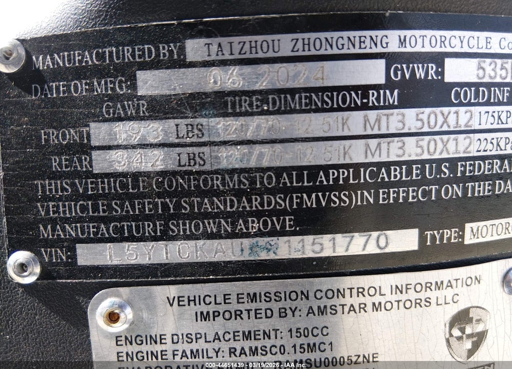 2024 SCOOTER OTHER VIN: L5YTCKAUXR1151770