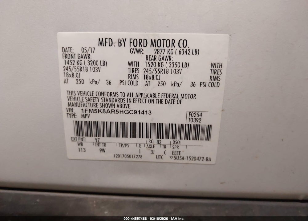 2017 FORD UTILITY POLICE INTERCEPTOR VIN: 1FM5K8AR5HGC91413