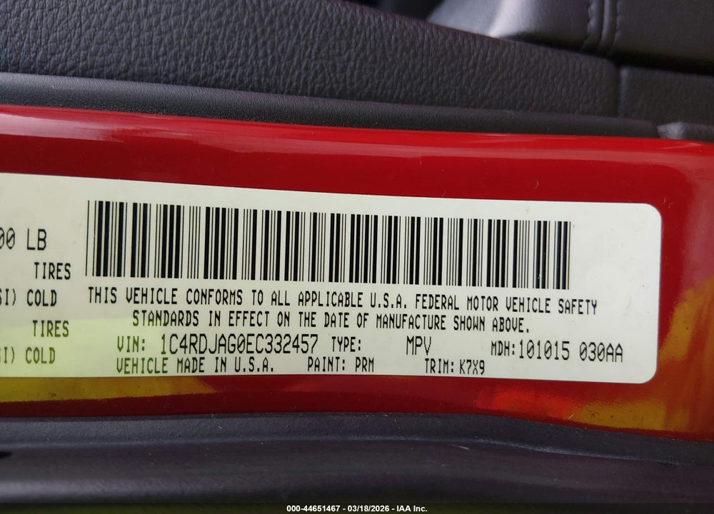 2014 DODGE DURANGO SXT VIN: 1C4RDJAG0EC332457