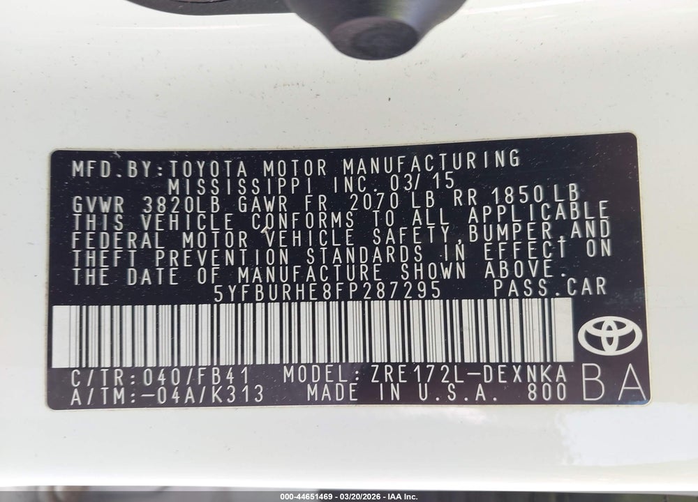 2015 TOYOTA COROLLA LE VIN: 5YFBURHE8FP287295