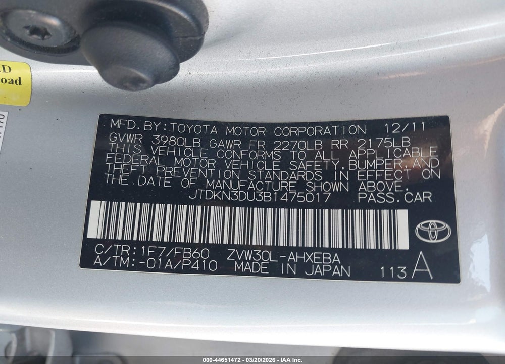 2011 TOYOTA PRIUS TWO VIN: JTDKN3DU3B1475017