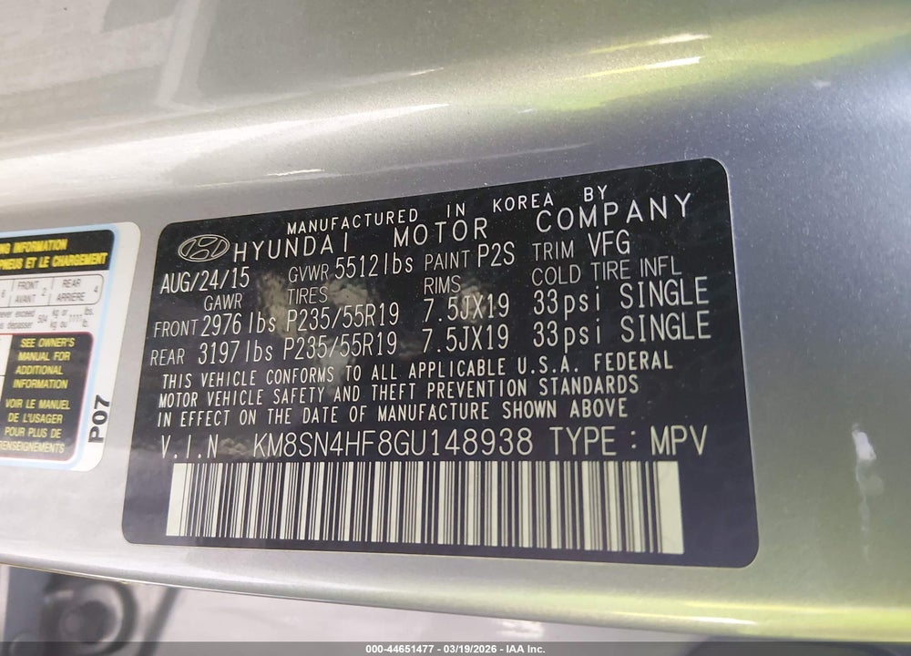 2016 HYUNDAI SANTA FE LIMITED VIN: KM8SN4HF8GU148938