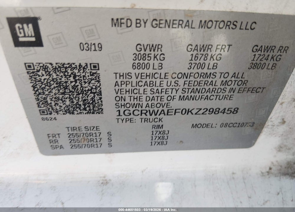 2019 CHEVROLET SILVERADO 1500 WORK TRUCK VIN: 1GCRWAEF0KZ298458