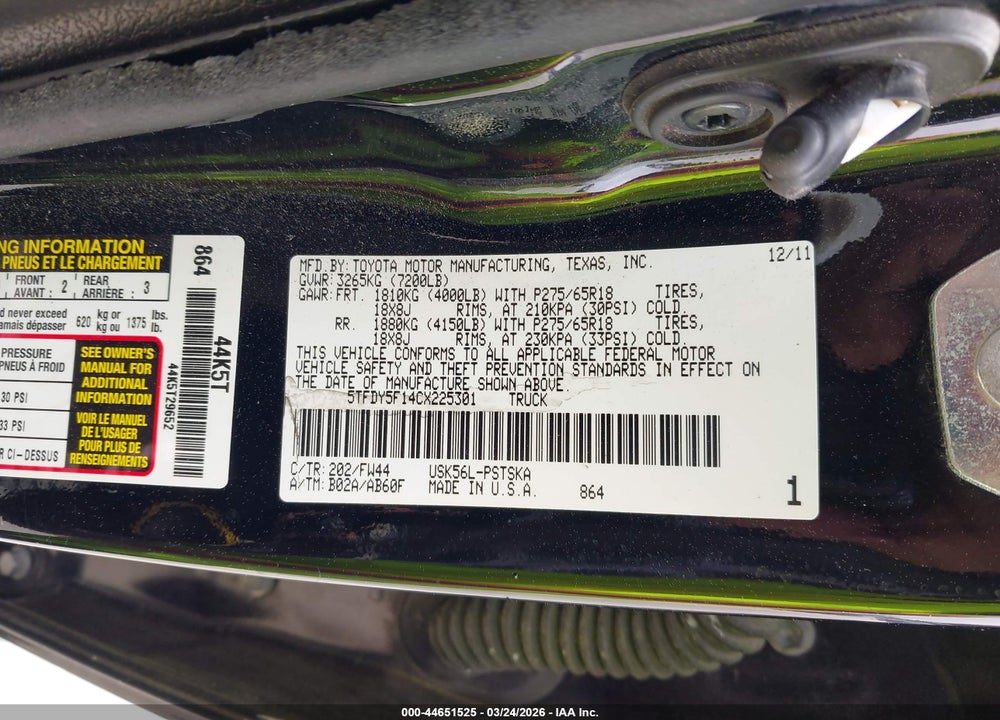 2012 TOYOTA TUNDRA GRADE 5.7L V8 VIN: 5TFDY5F14CX225301