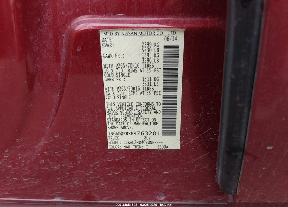 2014 NISSAN FRONTIER SV VIN: 1N6AD0ERXEN763201