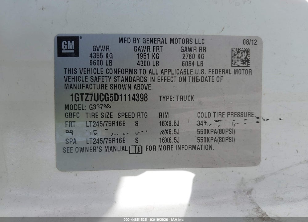 2013 GMC SAVANA 3500 WORK VAN VIN: 1GTZ7UCG5D1114398