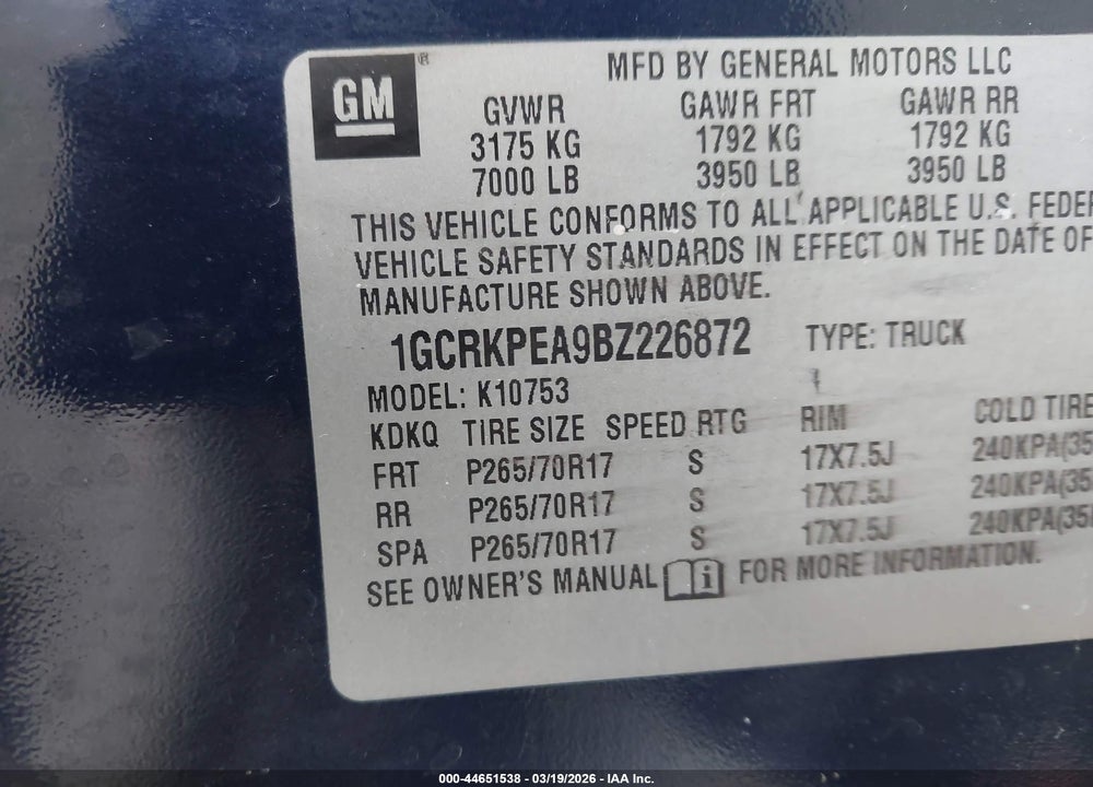 2011 CHEVROLET SILVERADO 1500 WORK TRUCK VIN: 1GCRKPEA9BZ226872