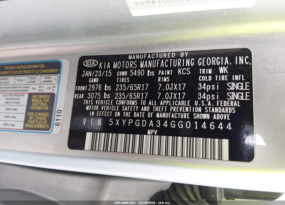 2016 KIA SORENTO 2.4L LX VIN: 5XYPGDA34GG014644