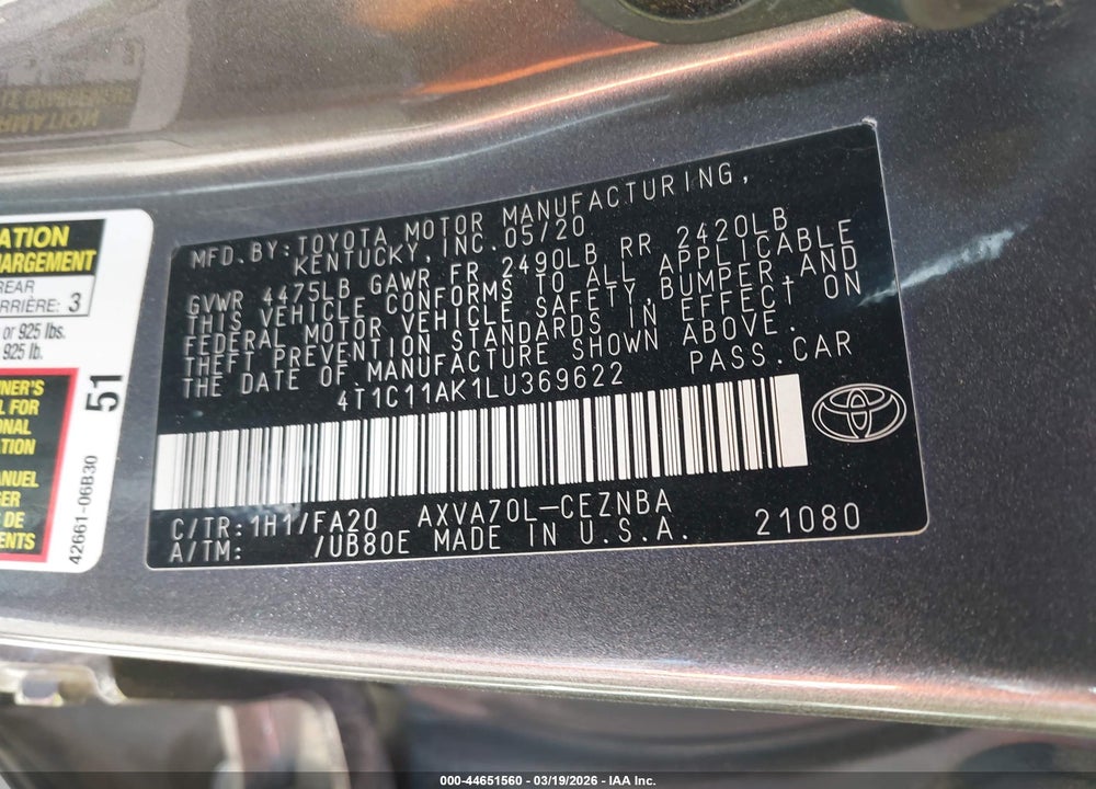 2020 TOYOTA CAMRY LE VIN: 4T1C11AK1LU369622