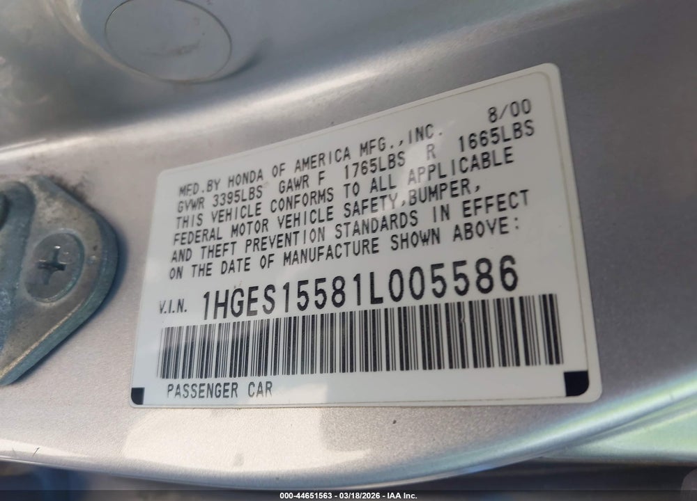 2001 HONDA CIVIC LX VIN: 1HGES15581L005586