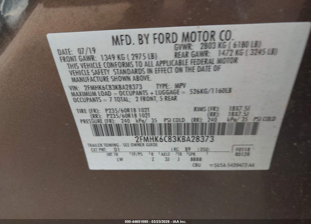 2019 FORD FLEX SEL VIN: 2FMHK6C83KBA28373