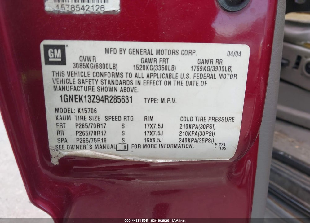 2004 CHEVROLET TAHOE Z71 VIN: 1GNEK13Z94R285631