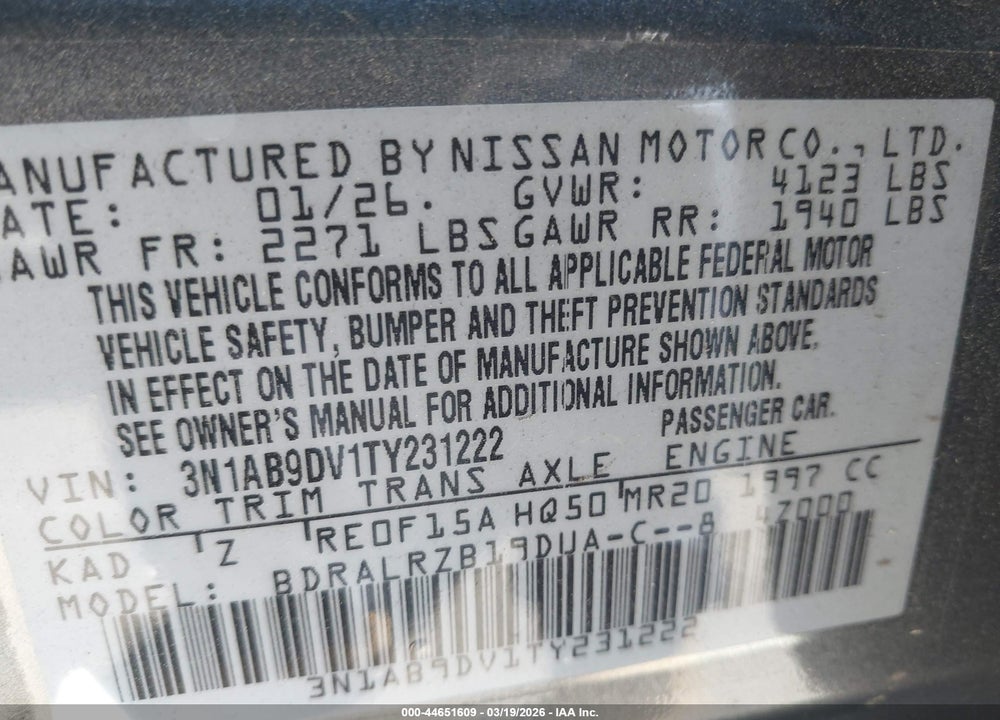 2026 NISSAN SENTRA SR VIN: 3N1AB9DV1TY231222