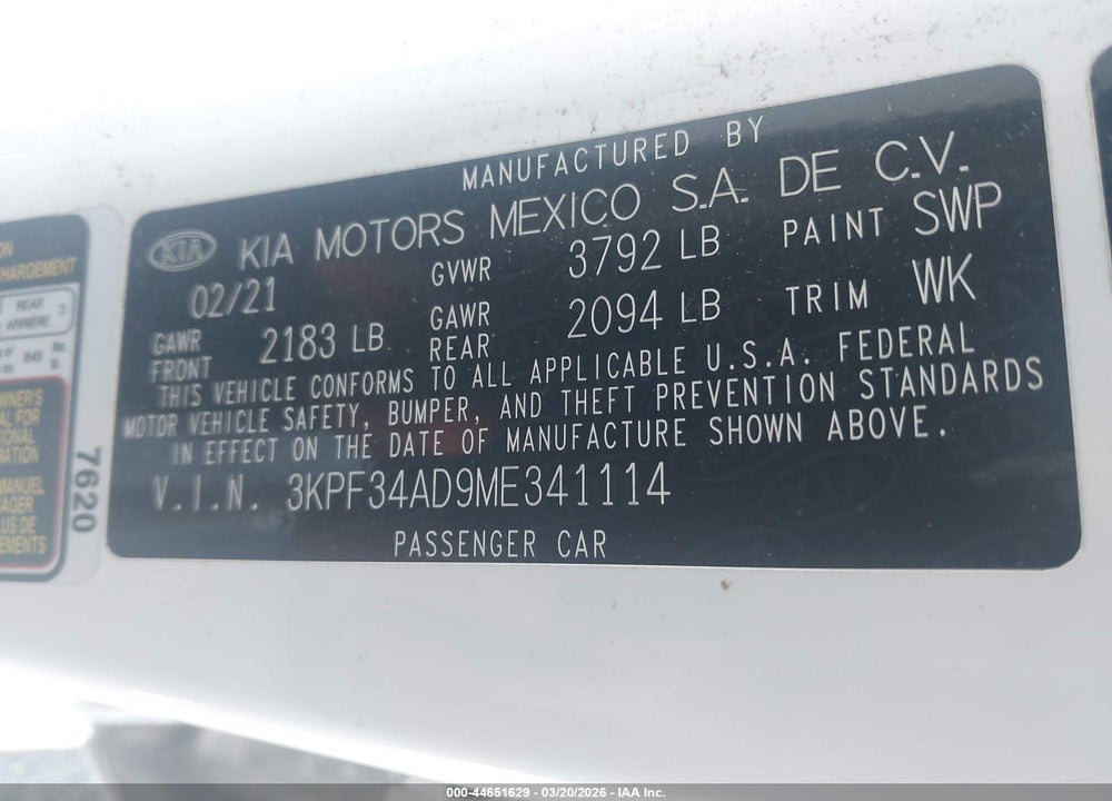 2021 KIA FORTE GT-LINE VIN: 3KPF34AD9ME341114