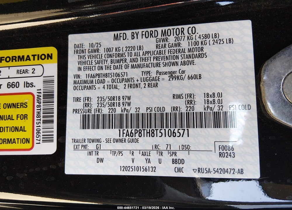 2026 FORD MUSTANG ECOBOOST FASTBACK VIN: 1FA6P8TH8T5106571