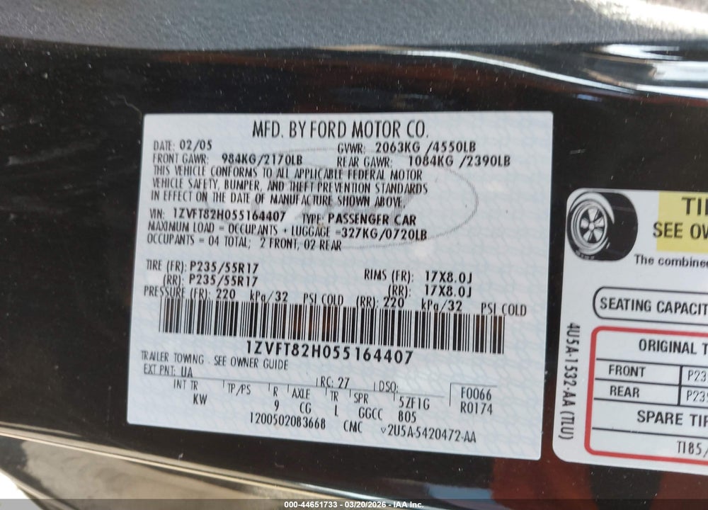 2005 FORD MUSTANG GT DELUXE/GT PREMIUM VIN: 1ZVFT82H055164407