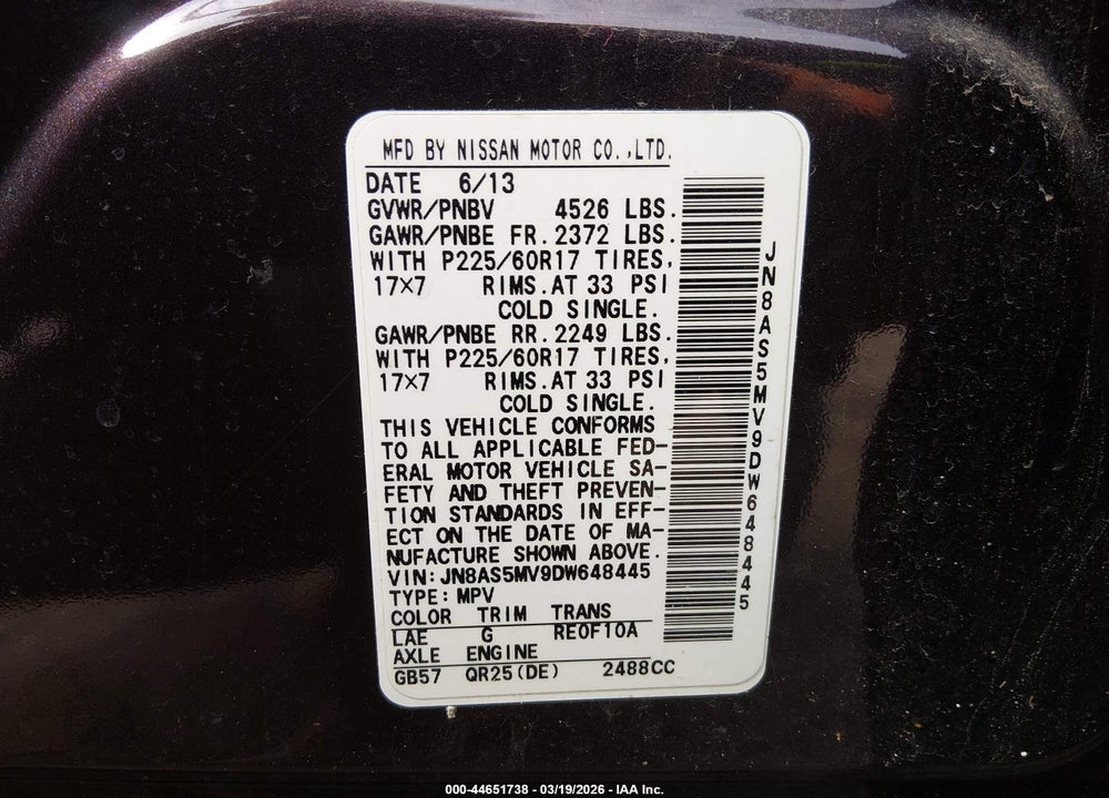 2013 NISSAN ROGUE SV VIN: JN8AS5MV9DW648445