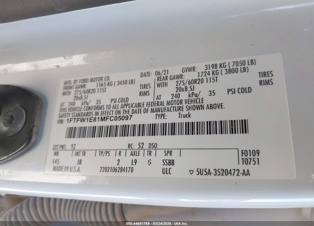 2021 FORD F-150 XL VIN: 1FTFW1E81MFC05097