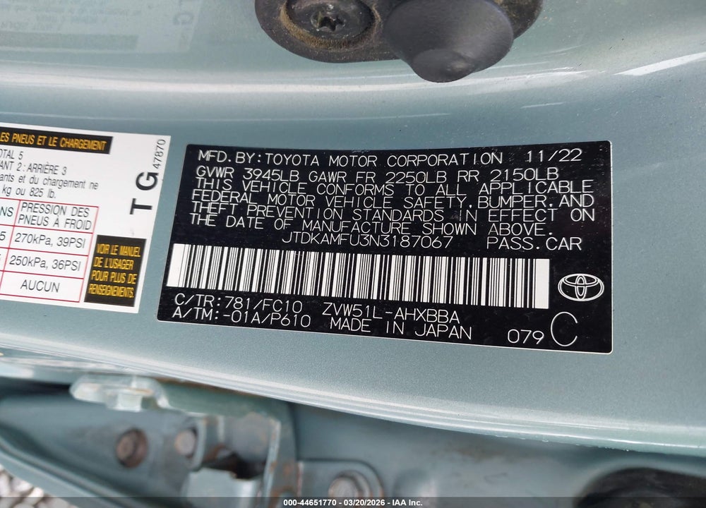 2022 TOYOTA PRIUS L VIN: JTDKAMFU3N3187067