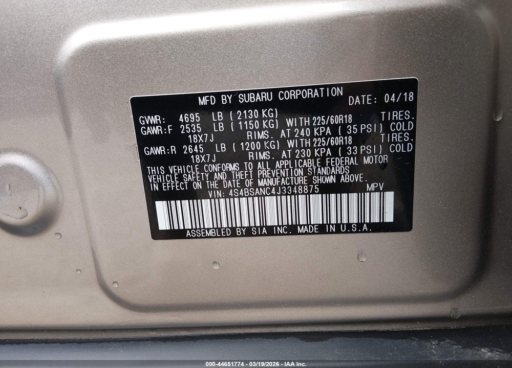 2018 SUBARU OUTBACK 2.5I LIMITED VIN: 4S4BSANC4J3348875