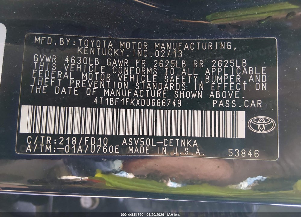 2013 TOYOTA CAMRY LE VIN: 4T1BF1FKXDU666749