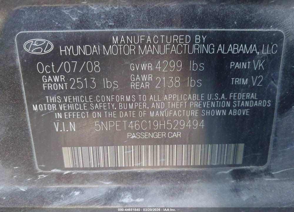 2009 HYUNDAI SONATA GLS VIN: 5NPET46C19H529494