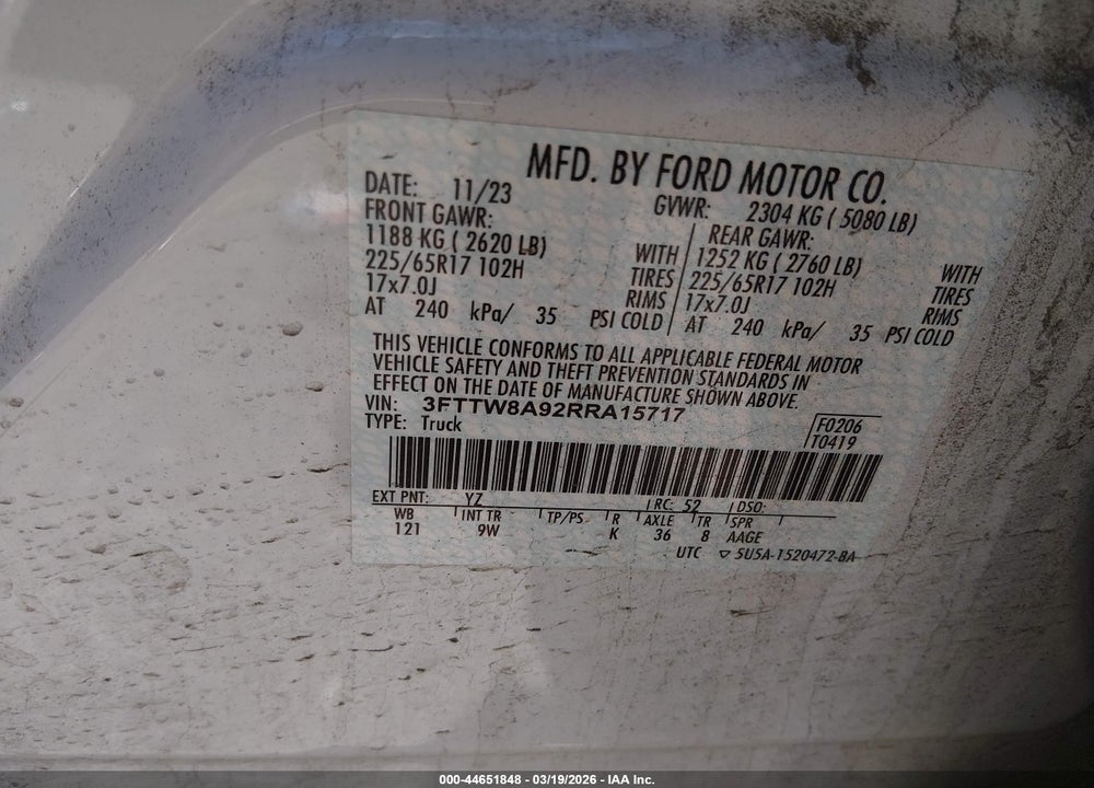 2024 FORD MAVERICK XL VIN: 3FTTW8A92RRA15717