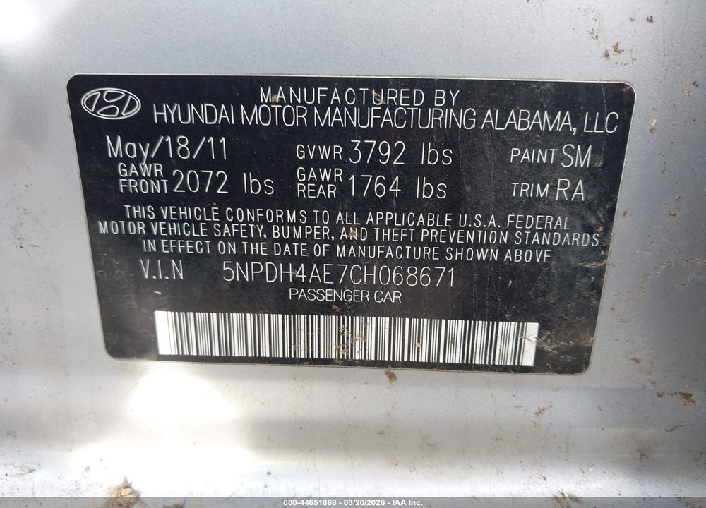 2012 HYUNDAI ELANTRA GLS VIN: 5NPDH4AE7CH068671
