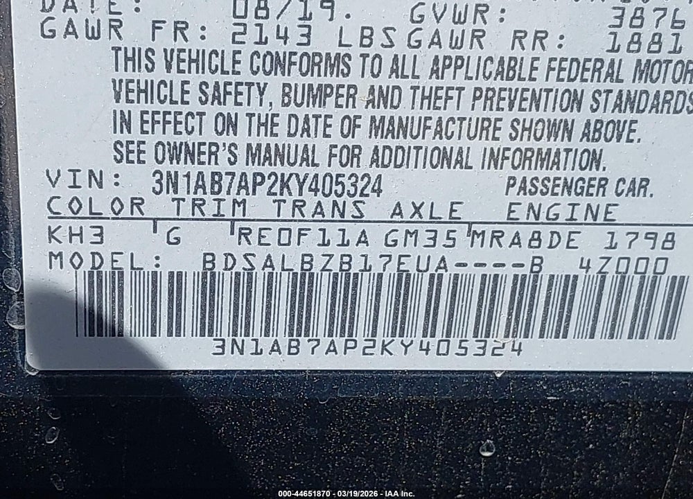 2019 NISSAN SENTRA S VIN: 3N1AB7AP2KY405324