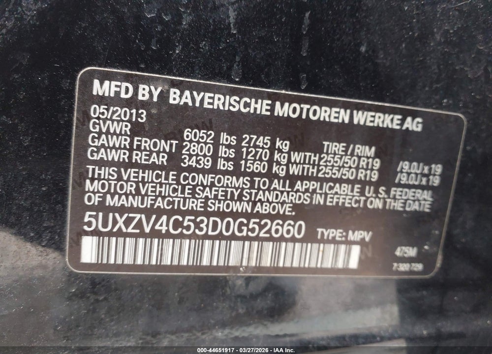 2013 BMW X5 XDRIVE35I/XDRIVE35I PREMIUM/XDRIVE35I SPORT ACTIVITY VIN: 5UXZV4C53D0G52660