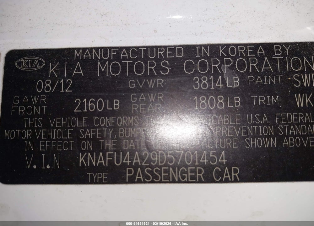 2013 KIA FORTE EX VIN: KNAFU4A29D5701454