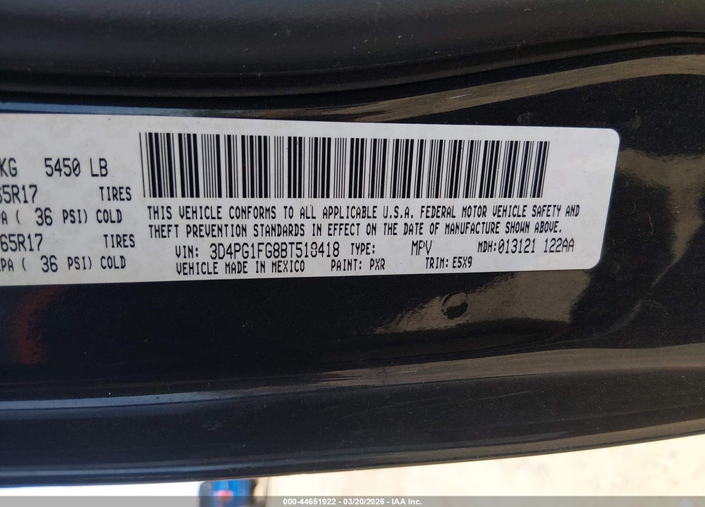 2011 DODGE JOURNEY MAINSTREET VIN: 3D4PG1FG8BT518418