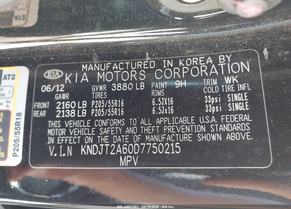2013 KIA SOUL + VIN: KNDJT2A60D7750215