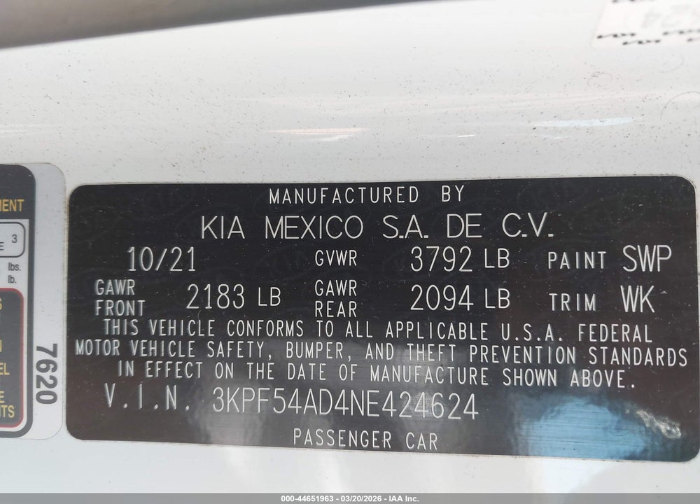 2022 KIA FORTE GT-LINE VIN: 3KPF54AD4NE424624