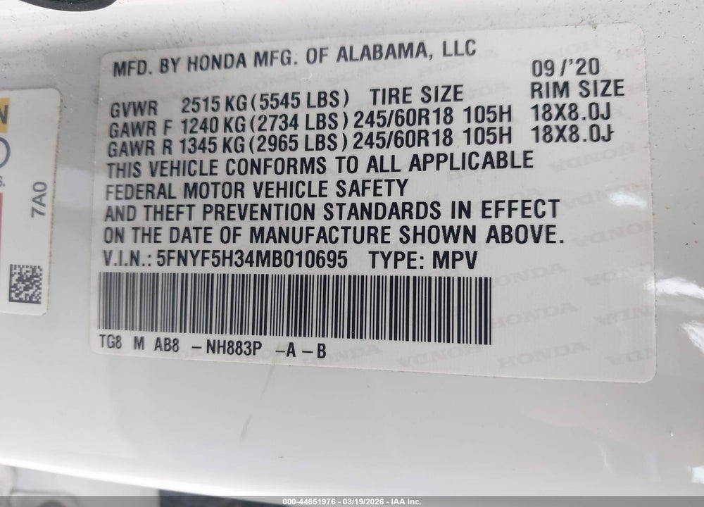 2021 HONDA PILOT 2WD EX VIN: 5FNYF5H34MB010695
