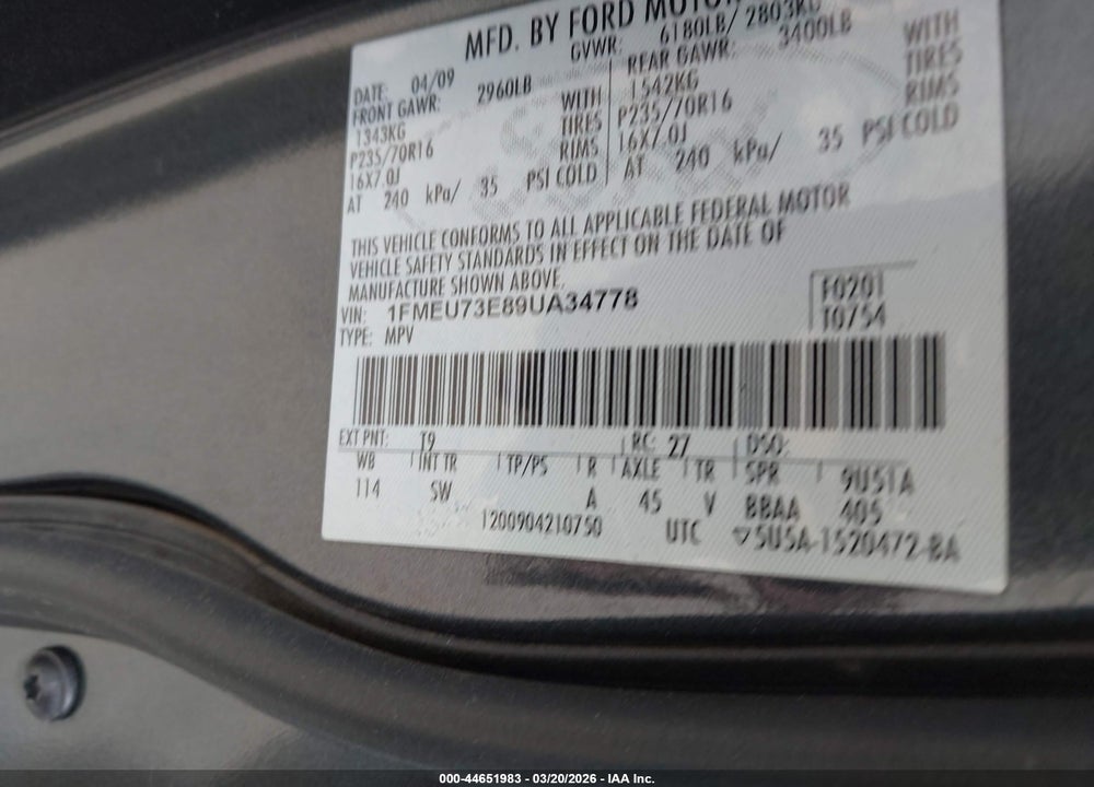 2009 FORD EXPLORER XLT VIN: 1FMEU73E89UA34778