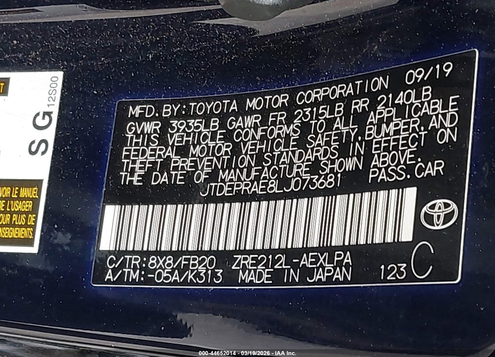 2020 TOYOTA COROLLA LE VIN: JTDEPRAE8LJ073681