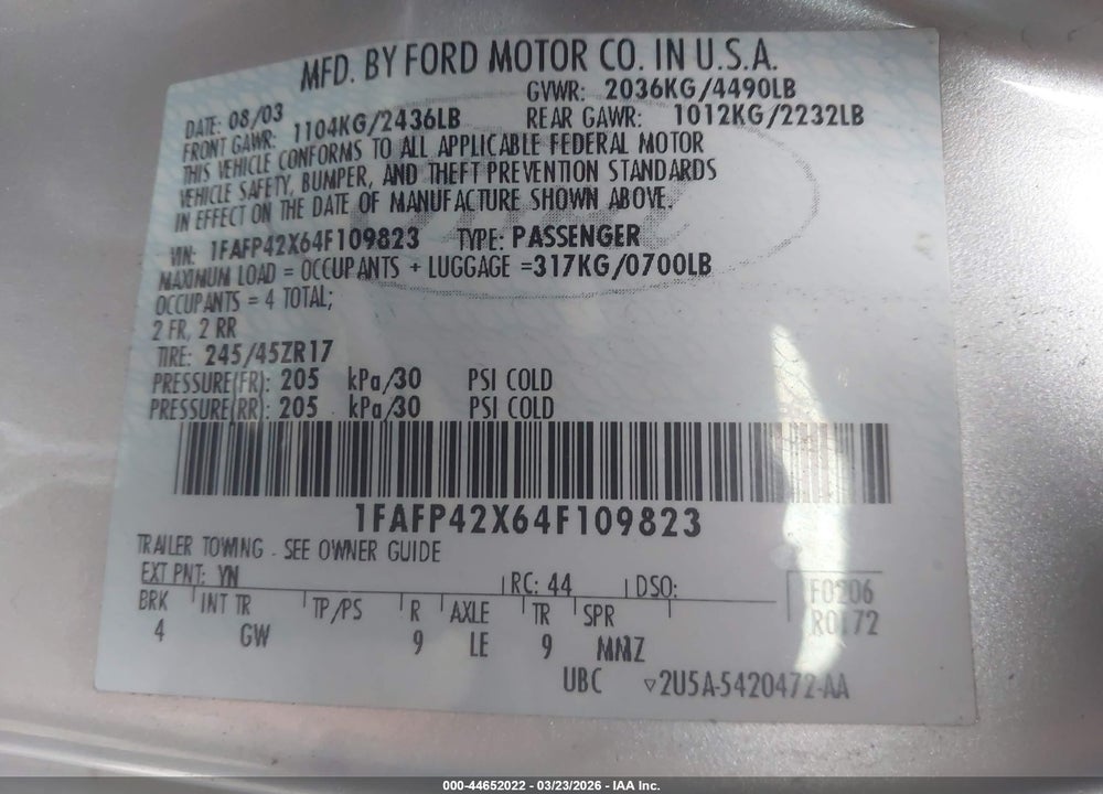 2004 FORD MUSTANG GT VIN: 1FAFP42X64F109823