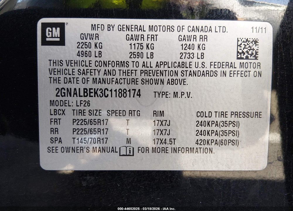 2012 CHEVROLET EQUINOX LS VIN: 2GNALBEK3C1188174