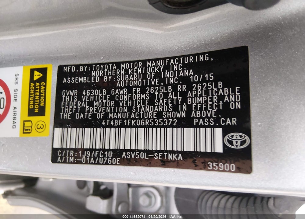 2016 TOYOTA CAMRY LE VIN: 4T4BF1FK0GR535372