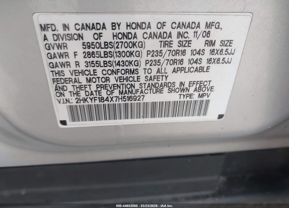 2007 HONDA PILOT EX VIN: 2HKYF184X7H516927