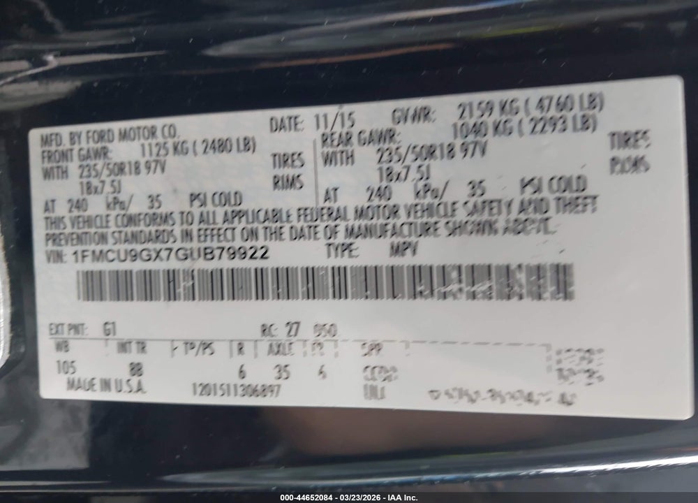 2016 FORD ESCAPE SE VIN: 1FMCU9GX7GUB79922