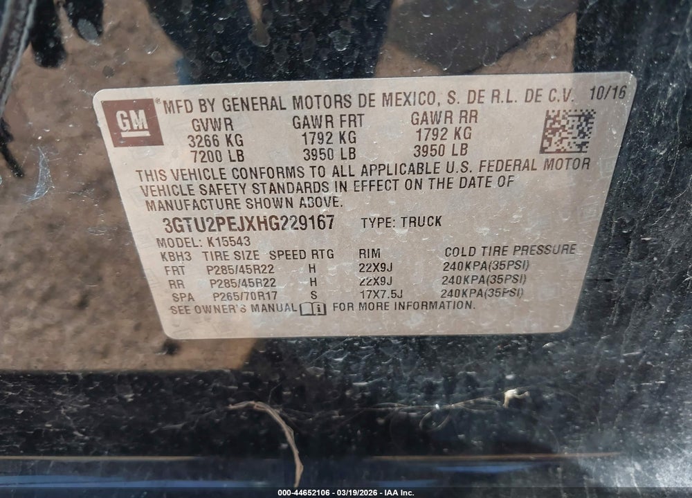 2017 GMC SIERRA 1500 DENALI VIN: 3GTU2PEJXHG229167